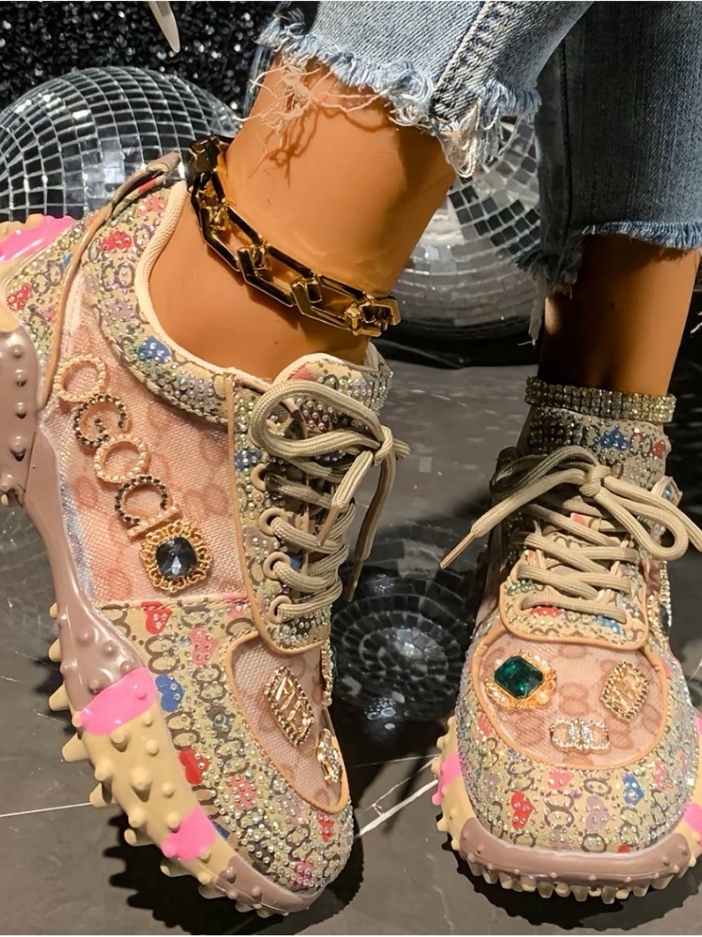Embellished Multicolor Mesh Sneakers with Crystal Accents - Women - Picture 3 of 16
